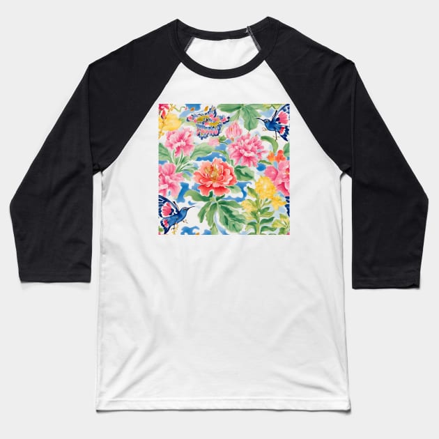 Flowers and hummingbirds chinoiserie Baseball T-Shirt by SophieClimaArt